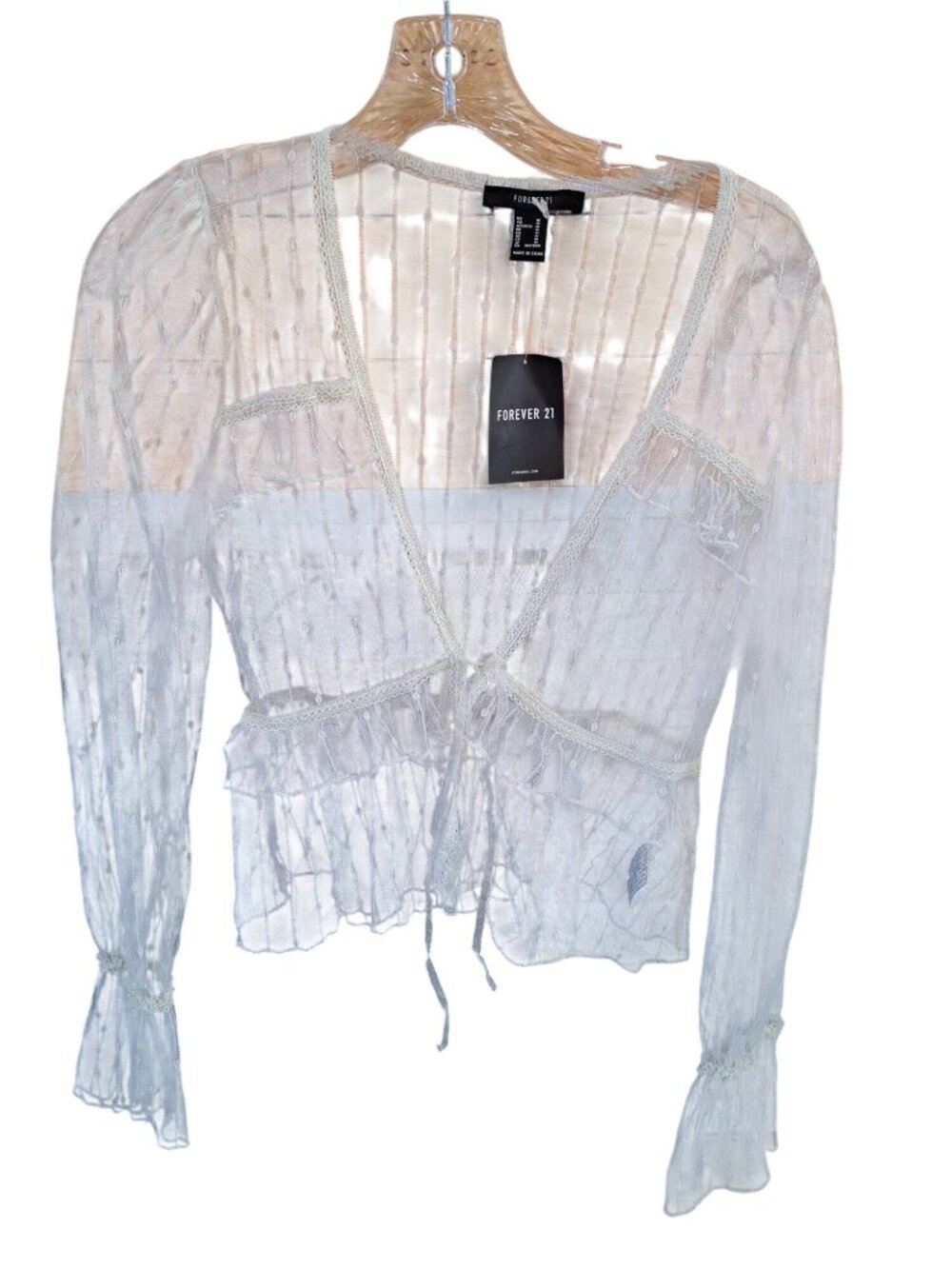 New Med Sheer White Polka Dot Mesh Wrap Top Ruffle Hem Elastic Cuffs Cottage